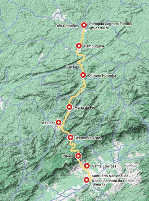 Mapa do trajeto da romaria entre Três Corações/MG e Aparecida/SP